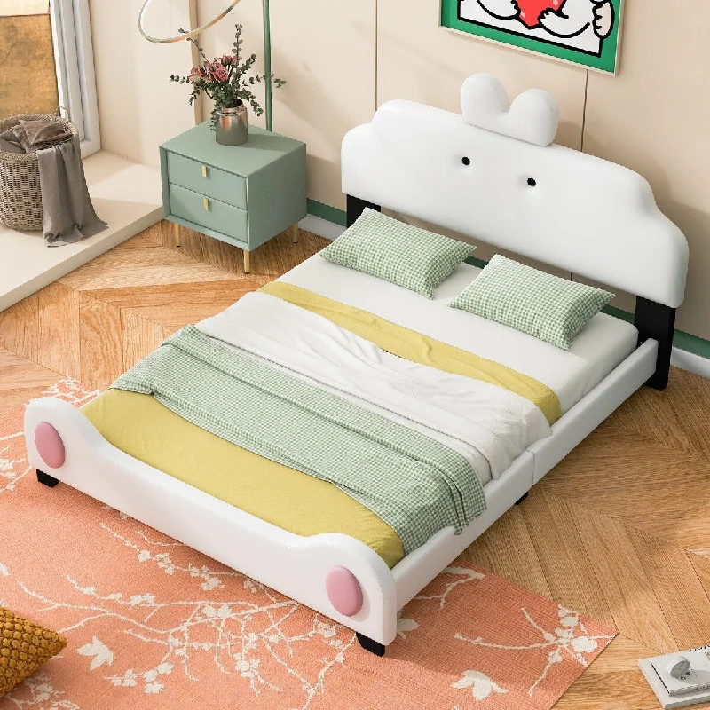 Pink Full Size Upholstered Platform Bed - Adorable Cartoon Design, Sturdy Construction