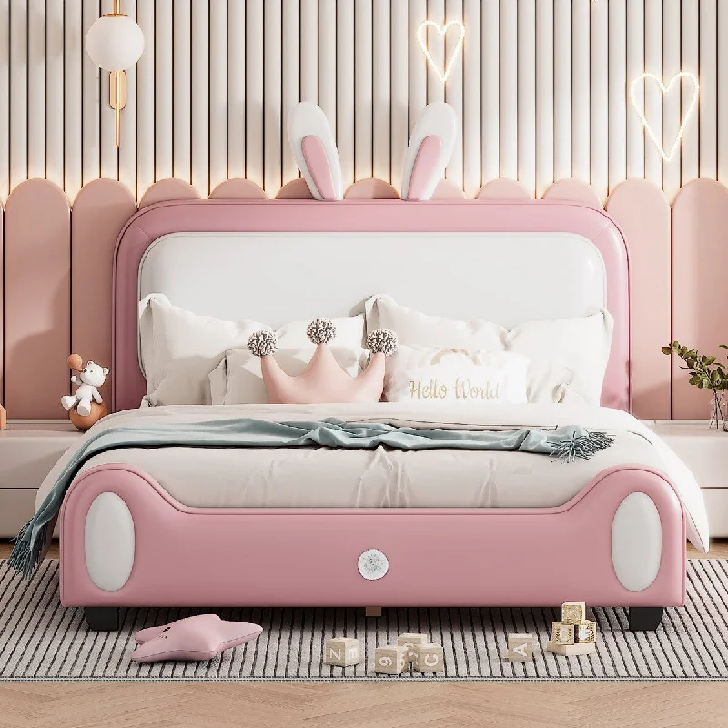 Pink Full Size Upholstered Rabbit-Shape Princess Bed