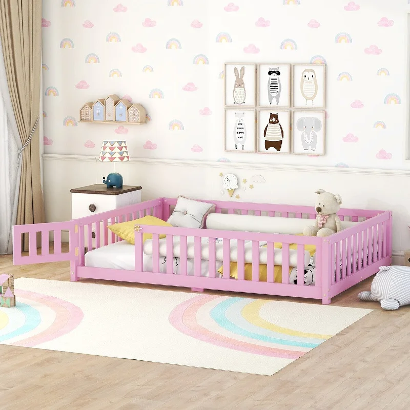 Pink Full SizeKids Floor Bed with Safety Guardrails, Door, and Low Profile Design, LVL Rubber Wood