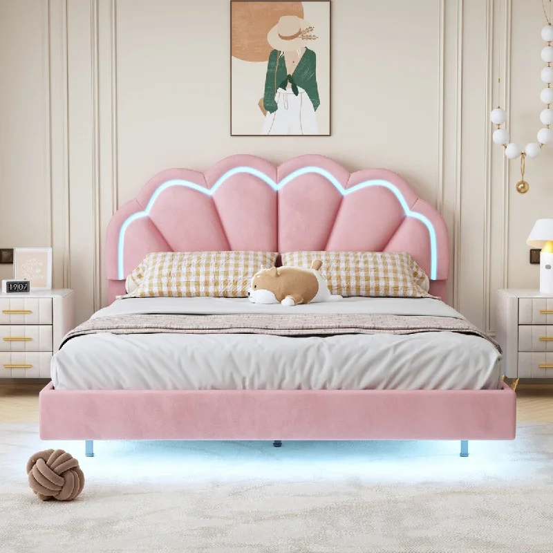 Pink Queen Size Platform Bed with Smart LED