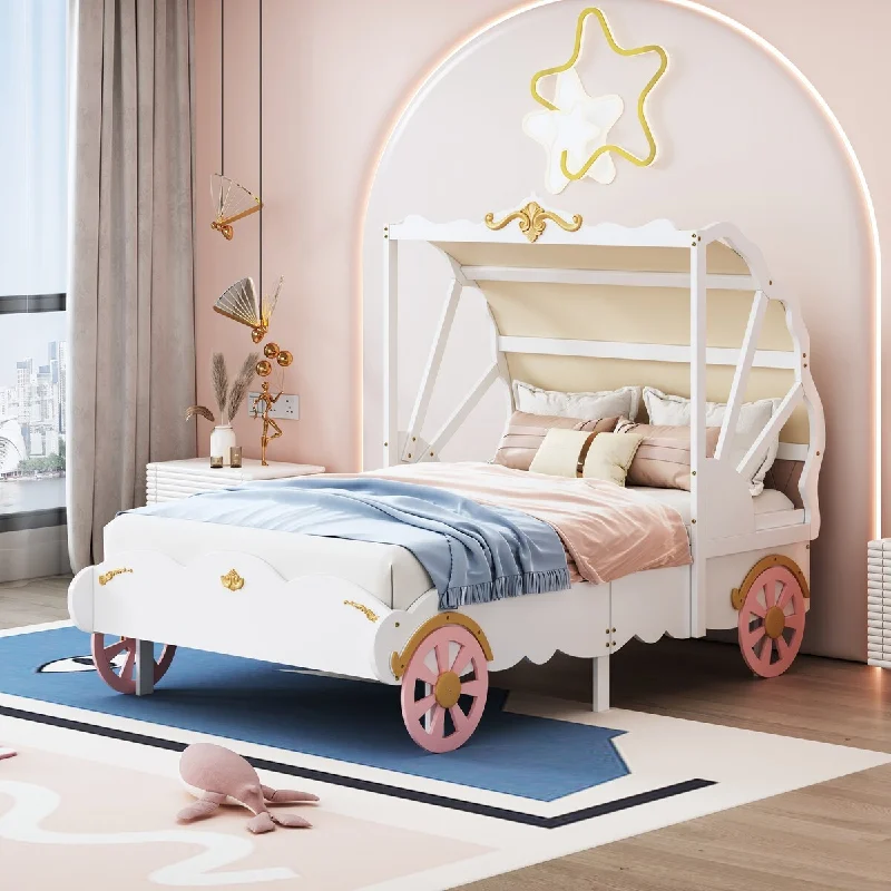 Pink Twin Size / Princess Carriage Bed with Canopy and 3D Carving Pattern