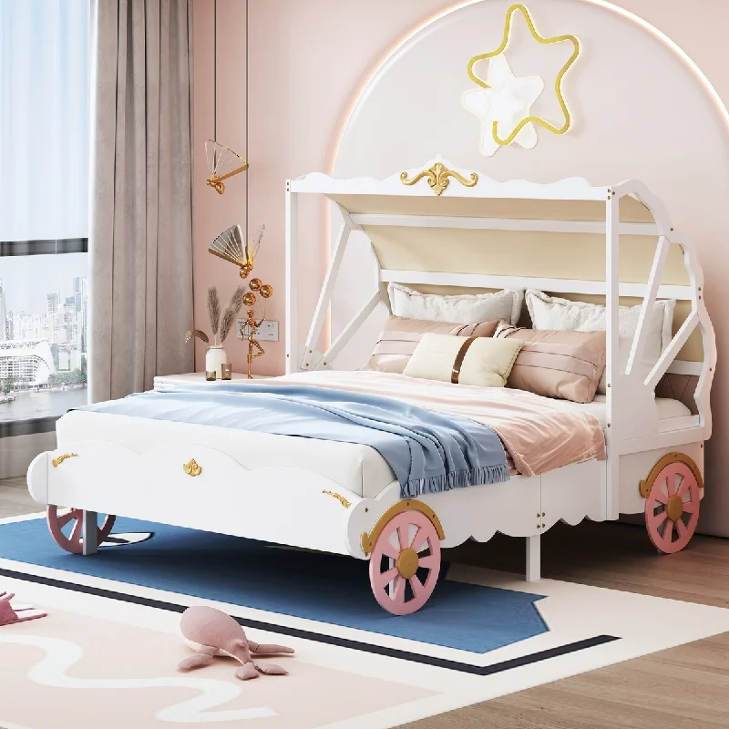 Pink Twin Size / Princess Carriage Bed with Canopy and 3D Carving Pattern