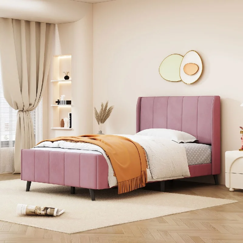 Pink Twin Size Upholstered Bed with Tufted Headboard