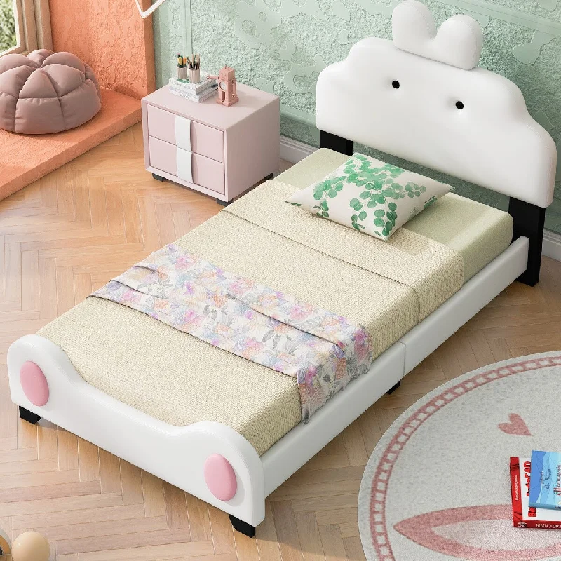 Pink Twin Size Upholstered Platform Bed with Cute Cartoon Design - Sturdy, Low-Profile