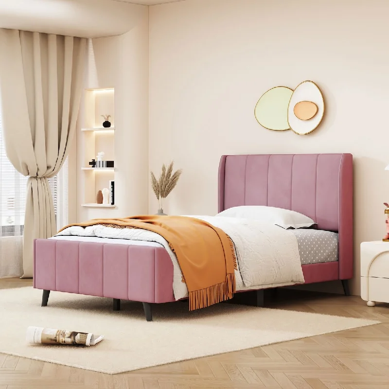 Pink Twin Size Upholstered Platform Bed with Tufted Headboard