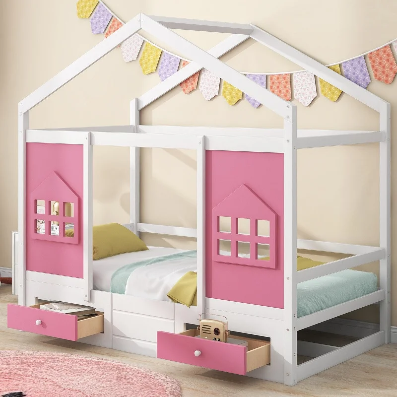 Pink Twin Size Wood House Bed with Drawers