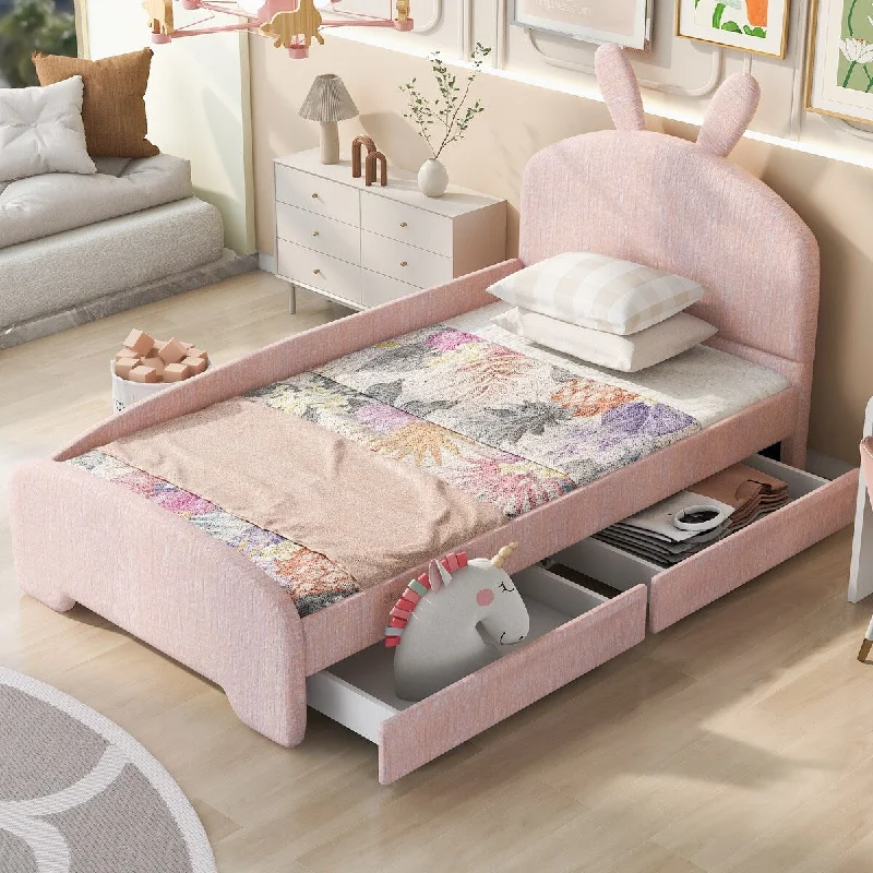 Pink Twin SizeCartoon Ear Platform Bed with Drawers