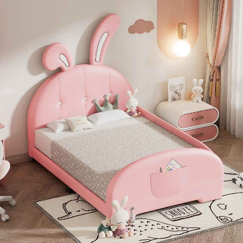 Pink Twin SizePink Upholstered Bed with Rabbit Headboard