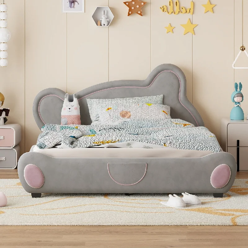 Queen Size Velvet Kids Bed with Bear-Shaped Headboard, Gray