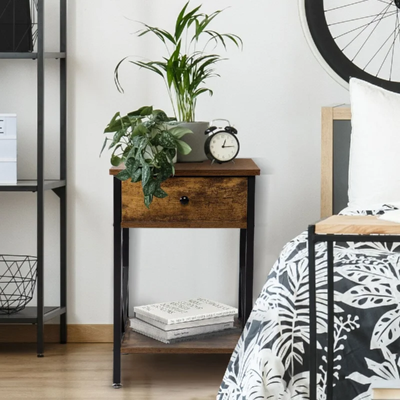 Rustic Brown Nightstand Set: 2 Industrial End Tables with Drawer and Shelf, Metal Frame for Living Room and Bedroom