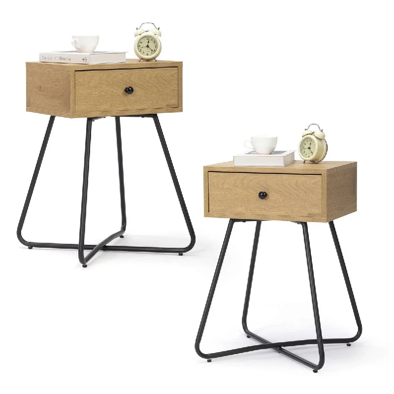 Set of 2 Modern Night Stand, End Table with Drawer, Cross Legs, Bedroom Furniture for Small Spaces, Living Room, Oak