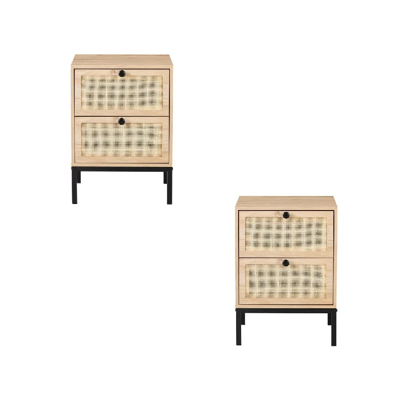 Set of 2 Rattan Bedside Tables with Drawers, Classic-Modern Combo, Large Storage Space