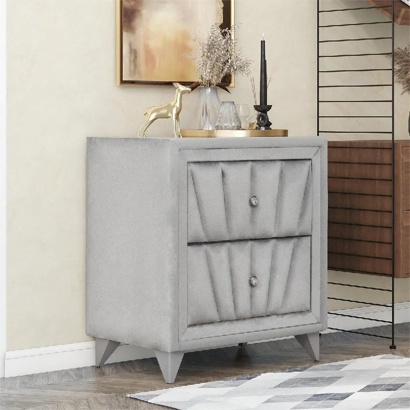 Stylish Upholstered Wooden Nightstand with Two Drawers ,Bedside Table with Velvet Fabric and Glass Worktop