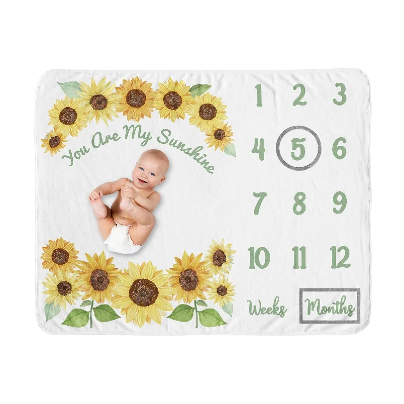 Sunflower Collection Girl Baby Monthly Milestone Blanket - Yellow and Green Farmhouse Watercolor Flower You Are My Sunhine