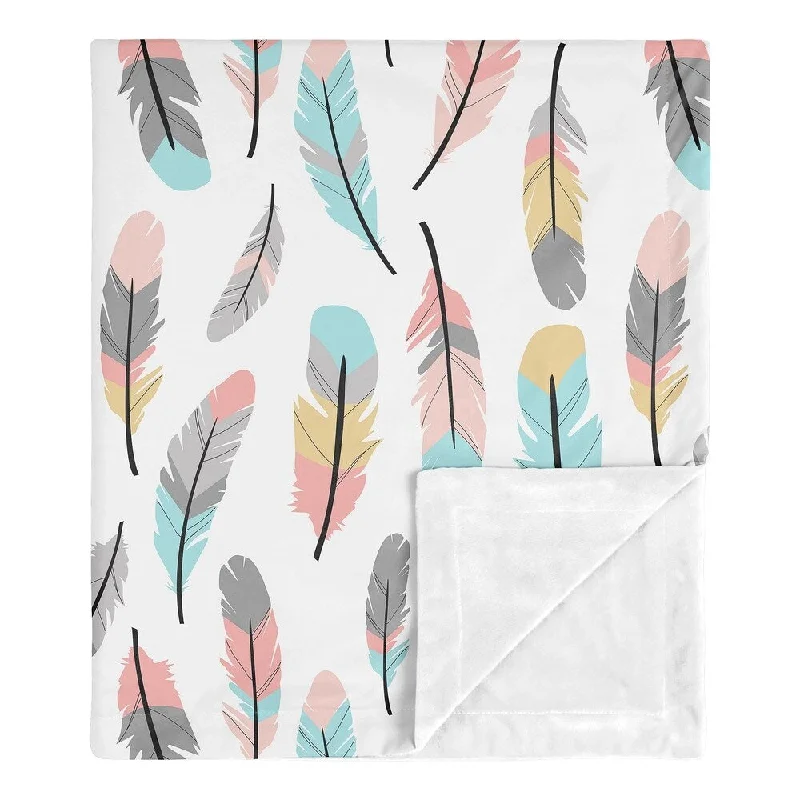 Sweet Jojo Designs Boho Feather Collection Girl Baby Receiving Security Swaddle Blanket - Turquoise, Coral and Grey