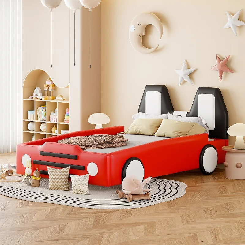 Twin Size Race Car-Shaped Kids Bed Platform Bed with Wheels,Red