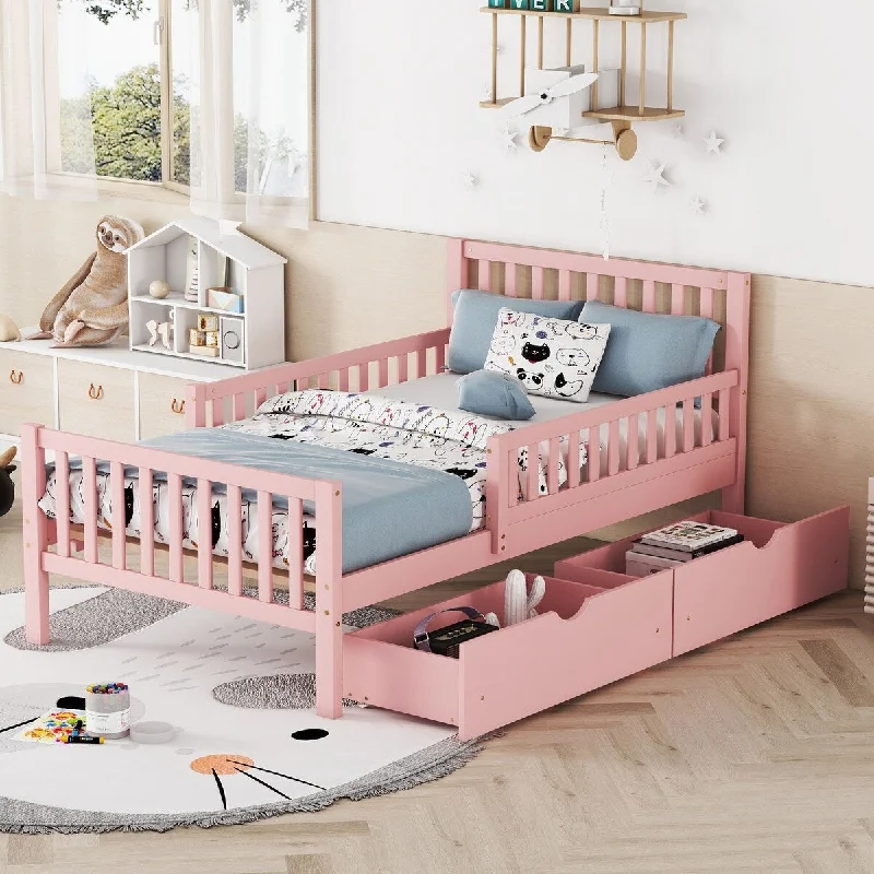 Twin Size Wood Platform Bed with Guardrails on Both Sides and Two Storage Drawers, Pink