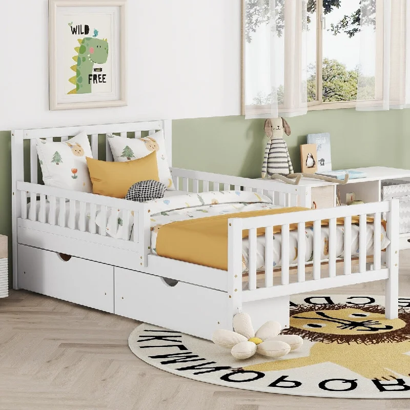 Twin Size Wood Platform Bed with Guardrails on Both Sides and Two Storage Drawers, White