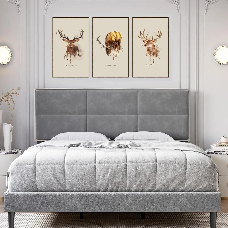 Upholstered Platform Bed Frame with Velvet Headboard