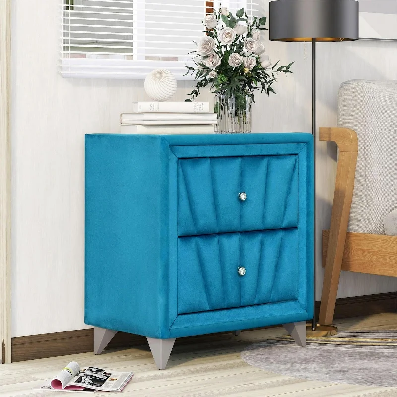 Upholstered Wooden Nightstand with Two Drawers - Bedside Table with Velvet Fabric and Glass Worktop - Luxurious and Functional