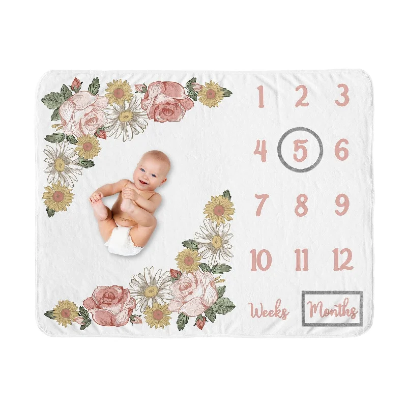 Vintage Floral Boho Collection Girl Baby Monthly Milestone Blanket - Blush Pink Yellow Green Shabby Chic Rose Flower Farmhouse