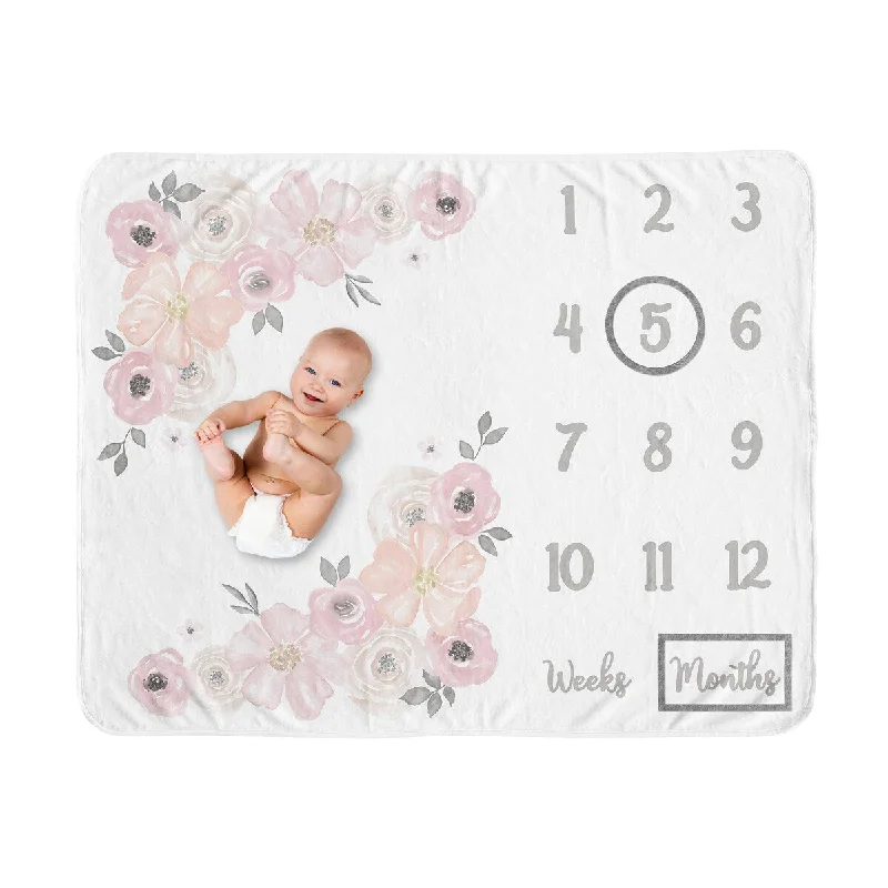 Watercolor Floral Collection Girl Baby Monthly Milestone Blanket - Blush Pink, Grey and White Boho Shabby Chic Rose Flower