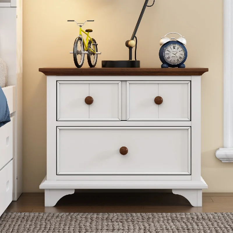 White and Walnut Wood Two-Drawer Nightstand Kids Night Stand End Side Table for Bedroom