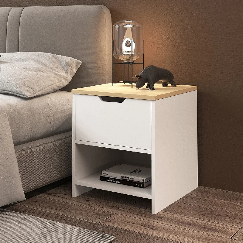 White/Beige Single Drawer Bedside Table with Storage Cabinet - Rustic Style - Perfect for Bedrooms and Living Rooms