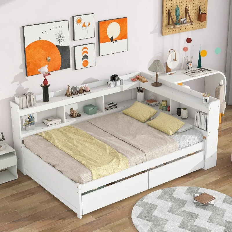 White Full Size Bed with L-Shaped Bookcases, Storage Drawers, and Contemporary Design, Space-Optimizing, No Box Spring Needed