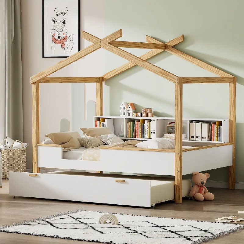 White Full Size House Bed with Natural Wood Frame, Trundle, and Bookshelf Storage - Fun and Functional Design