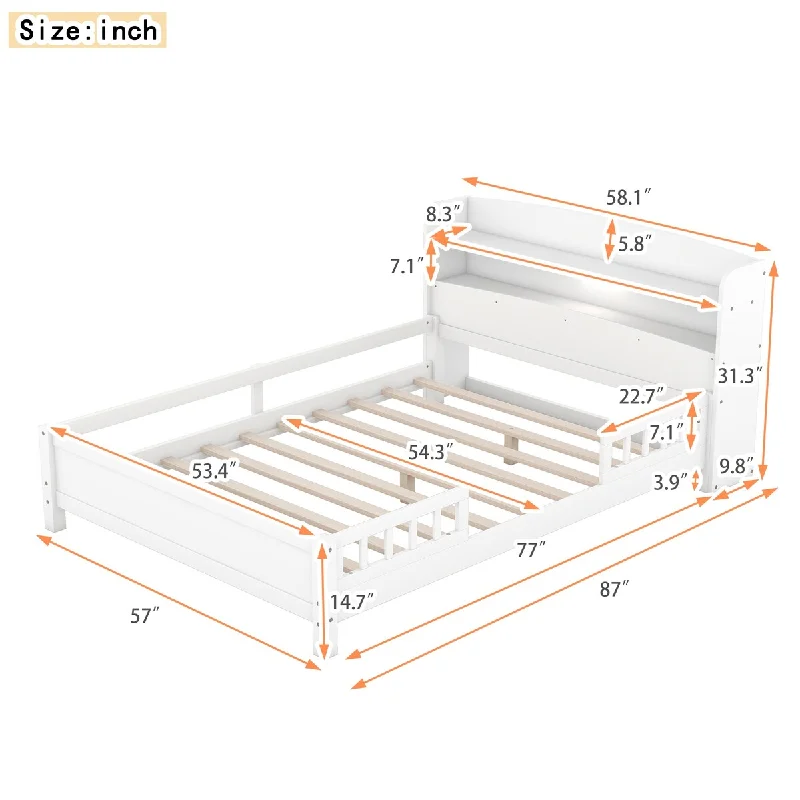 White Full Size Platform Bed with LED Light, Storage Headboard, and Guardrail - Wood