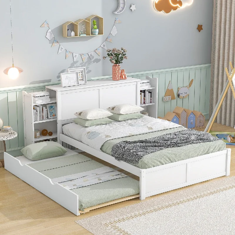 White Full Size Storage Platform Bed with Trundle and Pull-Out Shelves