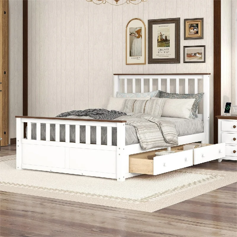 White Full Size Wood Platform Bed with Two Drawers - Classic Design, Wooden Slat Support