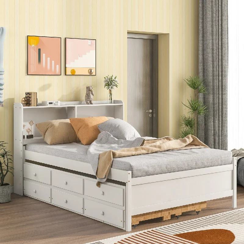 White Full SizeEspresso Bed with Built-in Bookcase, Trundle, and Storage Drawers