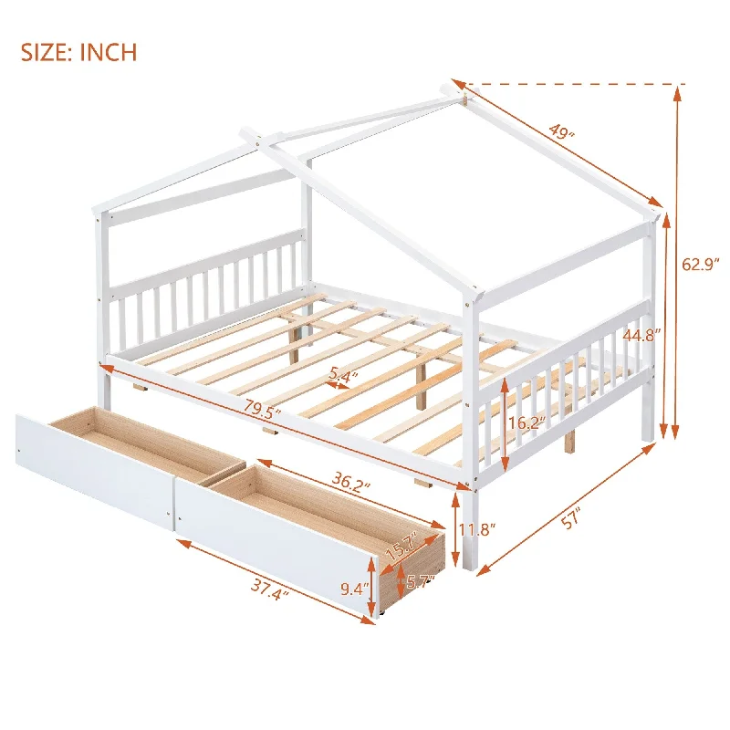 White Full SizeSolid Wood House Bed with 2 Drawers