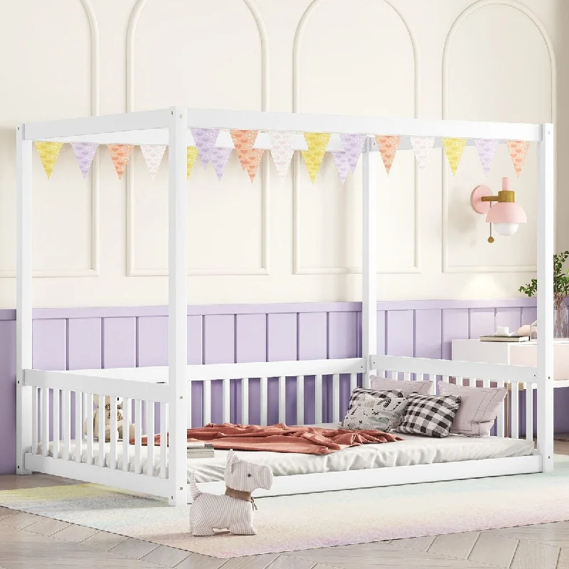 White Full Wood Canopy Bed with Guardrails