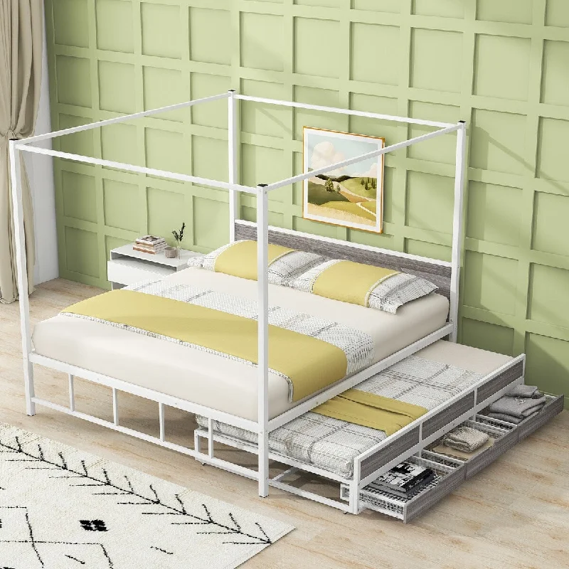 White Queen Size Modern Metal Canopy Bed with Trundle and Storage Drawers for Contemporary Bedroom Decor