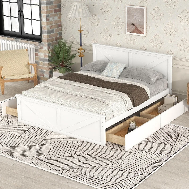 White Queen Size Platform Bed with Four Storage Drawers and Support Legs - Wooden