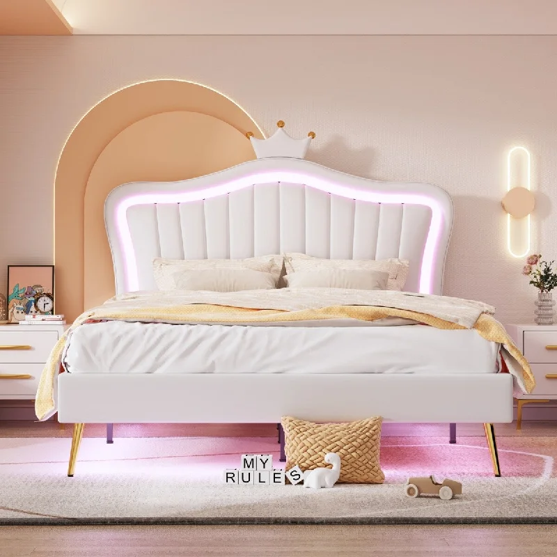 White Queen Size Upholstered Bed Frame with LED Lights, Modern Upholstered Princess Bed With Crown Headboard