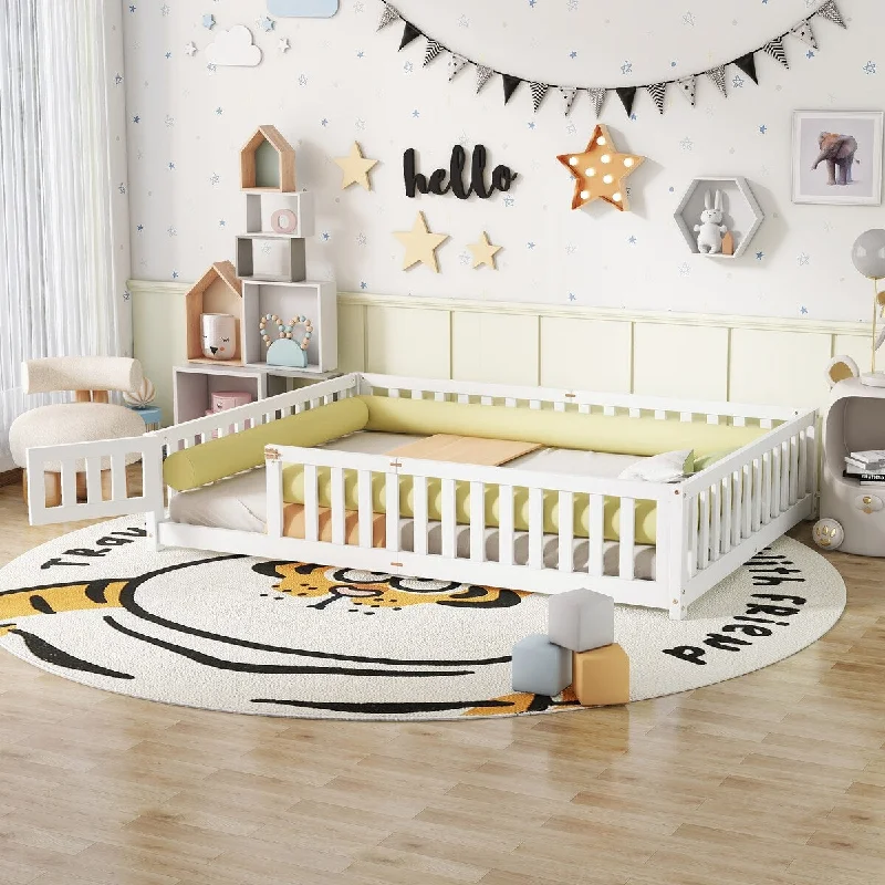 White Queen SizeKids Floor Bed with Safety Guardrails, Door, and Low Profile Design - High-Quality LVL Rubber Wood