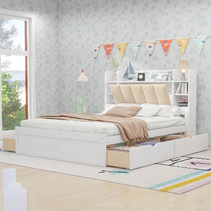 White Queen SizeWood Platform Bed with Storage Headboard, Shelves, 4 Drawers - Sturdy Pine