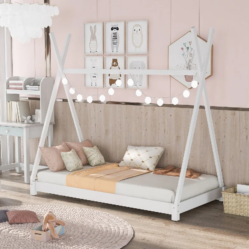 White Twin Size and House Platform Bed with Triangle Structure