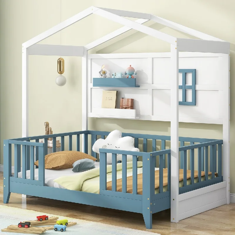 White Twin Size & Blue Wood House Bed with 2 Shelves and Guardrail