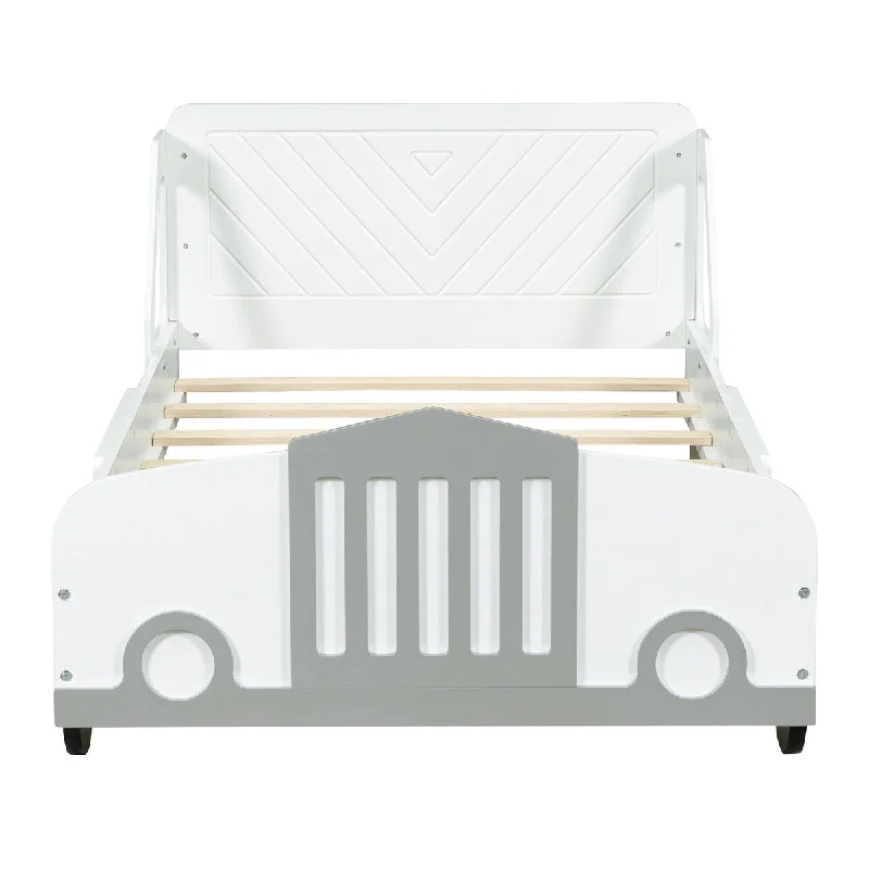 White Twin Size Car-Shaped Platform Bed with Rolling Wheels and Unique Headboard