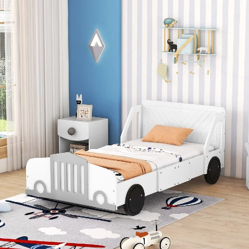 White Twin Size Car-Shaped Platform Bed with Wheels and Headboard