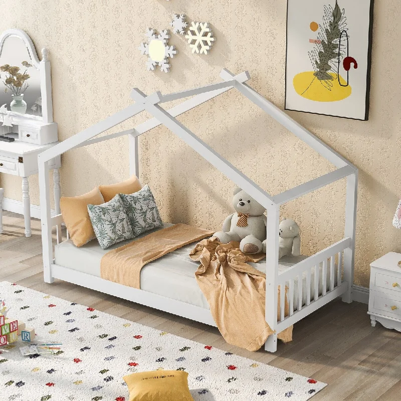 White Twin Size House Platform Bed with Roof Design