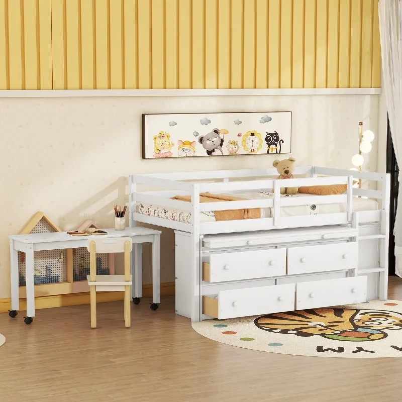 White Twin Size Loft Bed with Retractable Writing Desk and Drawers