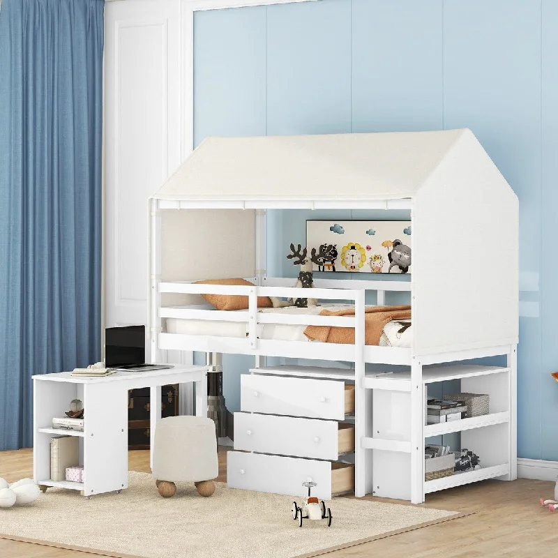 White Twin Size Loft Bed with Rolling Cabinet, Shelf, and Tent