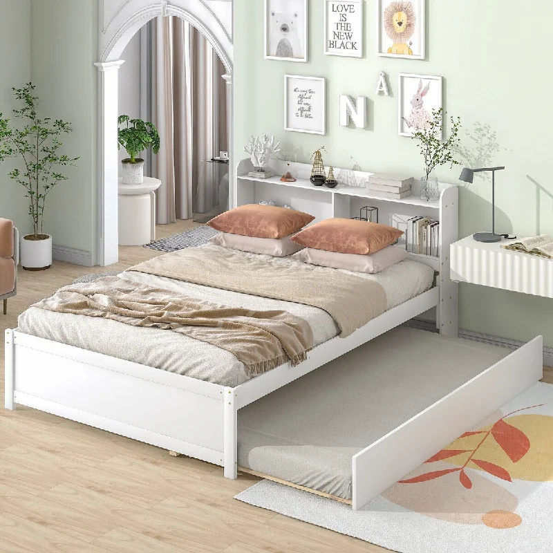 White Twin Size Platform Bed with Trundle