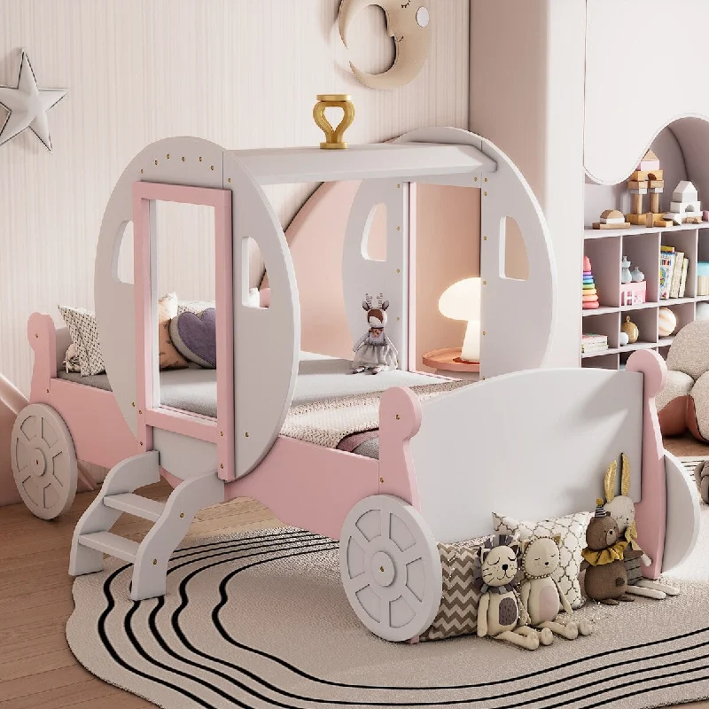 White Twin Size Princess Carriage Bed with Crown, Wood Platform Car Bed with Stair, Purple and Pink